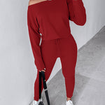 2 Pieces Outfit Long Sleeve Skew Neck Pullover Top and Drawstring Elastic Waist Slim Fit Pants Set