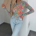 Women's Floral Print Sheer Mesh Top Long Sleeve Slim Fit Crewneck Layering Top with Thumb Hole Cuffs