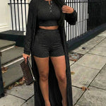 3 Pieces Outfit Sleeveless Half Button Front Crop Tank Top and High Waist Elastic Waist Shorts Set with Longline Cardigan Casual Rhinestone Decor Textured Set