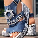 Newspaper Rhinestone Gear Pattern Slingback Platform Wedge Sandals