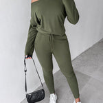 2 Pieces Outfit Long Sleeve Skew Neck Pullover Top and Drawstring Elastic Waist Slim Fit Pants Set