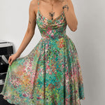 Women's Floral Mesh A Line Dress Cowl Neck Ruched Slip Dress Casual Backless Sundress