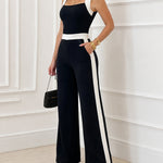 Women's Colorblock Jumpsuit Elegant Square Neck Sleeveless Wide Leg Overalls High Waisted Work Outfits with Pockets