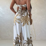 Palm Tree Print Bandeau Twist Front Backless Tie Back Overalls Casual Hollow-out Front Wide Leg Jumpsuit