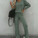 2 Pieces Outfit Button Decor V-Neck Long Sleeve Top and Elastic Waist Straight Leg Pants Set Casual Ribbed Set