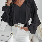 V Neck Shoulder Ruffles Design Blouse Casual Button Front Long Sleeve Top