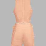 2 Pieces Outfit Button Decor Sleeveless Hollow-out Front Zipper Back Crop Top and Casual Elastic Back Waist Tie Side Shorts Set