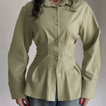 Turn-down Collar Long Sleeve Button Front Blouse Casual Back Criss Cross Tied Detail Fishtail Shirt
