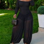 Women's Off Shoulder Long Sleeve Jumpsuit Sheer Chiffon Lantern Leg Overalls