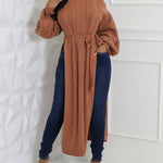 Cable Textured High Neck Lantern Sleeve Bow Tie Waist Sweater Casual High Slit Knit Longline Top