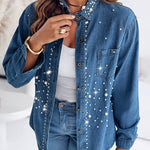 Pearls & Rhinestone Decor Turn-down Collar Button Front Denim Shirt Coat Casual Top