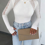 Women's Mock Neck Lace Patchwork Long Sleeve Ribbed Knit Top with Thumb Holes