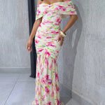 Floral Print Foldover Off Shoulder Ruched Maxi Dress Elegant Mermaid Hem Party Dress