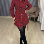 Women's Vintage Plaid Drawstring Long Sleeve Casual Dress Shirred Button Down Shirt Dress