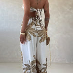 Palm Tree Print Bandeau Twist Front Backless Tie Back Overalls Casual Hollow-out Front Wide Leg Jumpsuit