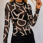 Women's Sheer Mesh Letter Print Mock Neck Frill Trim Long Sleeve Top
