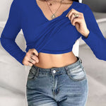 Chicme Built In Bra Notch Neck Long Sleeve Shirts Rib Knit Ruched Waist Top