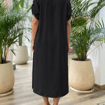 2 Pieces Outfit Turn-down Collar Roll Up Sleeve Button Front Side Slit Mid-length Shirt and Drawstring Elastic Waist Shorts Set Casual Textured Vacation Set