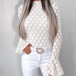 Women's Mock Neck Lace Top Frill Trim Flare Long Sleeve Blouse Jacquard Floral Knit Lined Elegant Top
