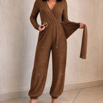 Women's Glitter Tied Detail High Waist Jumpsuit Overlap V Neck Long Sleeve Overalls