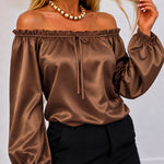 Women's Off Shoulder Satin Frill Trim Tie Front Lantern Sleeve Top