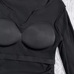 Chicme Built In Bra Notch Neck Long Sleeve Shirts Rib Knit Ruched Waist Top