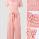 Women's 2 Piece Striped Pajama Set Short Sleeve Square Neck Crop Top and Wide Leg Pants Casual Loungewear