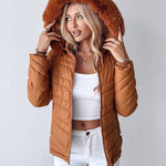 Zipper Pocket Design Shirred Fuzzy Trim Fleece Lined Hooded Puffer Jacket