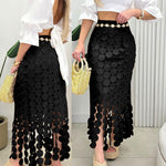 Women’s Lace Tassel Trim Bodycon Skirt Hollow-Out Detail High Waist Pencil Skirt with Side Zipper
