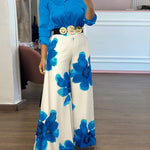 2 Pieces Outfit Long Sleeve Satin Blouse and Casual Floral Print High Waist Wide Leg Pants Set