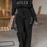 2 Pieces Outfit 3D Design Crop Drawstring Hoodie Top and Drawstring Elastic Waist Wide Leg Sweatpants Set Casual Rhinestone Letter Pattern Sweatshirt Set