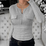 Long Sleeve Half Zip Flap Detail Ribbed Tee Slim Fit Brushed Top