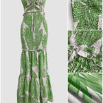 Tropical Print Halter Tie Shirred Frill Trim Cinched Waist Vacation Dress Ruched Cutout Front Slim Fit Ruffle Hem Mermaid Dress