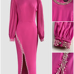 Pearls Decor Lantern Sleeve Slit Evening Dress Zipper Back Slim Fit Party Dress