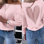 Pearls Decor Sheer Heart Pattern Mesh Spliced Tee Casual Drop Shoulder Long Sleeve Top