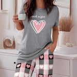 2 Pieces Outfit Floral Print Short Sleeve Top and Casual Plaid Heart Pattren Lounge Pants Set