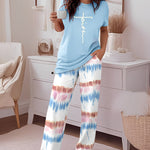 2 Pieces Outfit Letter Print Round Neck Short Sleeve Top And Tie Dye Print Elastic Waist Loose Fit Pants Set Casual Pajamas Set