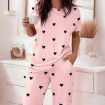 Valentine's Day 2 Pieces Outfit Round Neck Short Sleeve Top and Elastic Waist Pants Set Casual Heart Print Loose Fit Pajamas Set