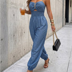 Women's Chain Strap Jumpsuit Hollow Out Shirred Waist Overalls Casual Jogger Jumpsuit with Pockets