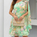 CHICME Women's Floral Print One-Shoulder Chiffon Dress 3D Floral Decor Split Sleeve Loose A-Line Mini Dress