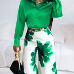 2 Pieces Outfit Long Sleeve Satin Blouse and Casual Floral Print High Waist Wide Leg Pants Set
