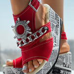 Newspaper Rhinestone Gear Pattern Slingback Platform Wedge Sandals