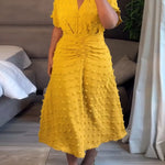 3D Decor Overlap V Neck Short Sleeve Cinched Waist Mid-length Dress Casual Ruched Waist Zipper Back Vacation Dress