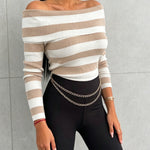 Women's Foldover Off Shoulder Striped Pullover Long Sleeve Slim Fit Knit Top