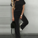Women's 2 Piece Knit Set Lace Patchwork Short Sleeve Top and Wide Leg Pants Casual Ribbed Brushed Lounge Set