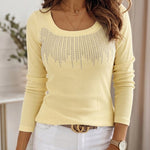 Women's Square Neck Long Sleeve Top Rhinestone Ribbed Knit Shirt Slim Fit Casual Sparkly Tee