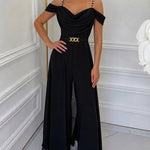 Women's Pearls Decor Adjustable Straps Cold Shoulder Overalls Cowl Neck High Waist Jumpsuit with Belt