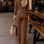Women's 2 Piece Cable Knit Tracksuit Baseball Collar Crop Coat and High Waist Pants Set
