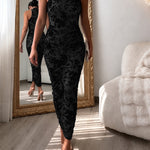 Women's Flocking Floral Mesh Midi Dress Mock Neck Sleeveless Ruched Bodycon Dress Sheer Overlay Cocktial Party Dress