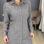 Women's Vintage Plaid Drawstring Long Sleeve Casual Dress Shirred Button Down Shirt Dress